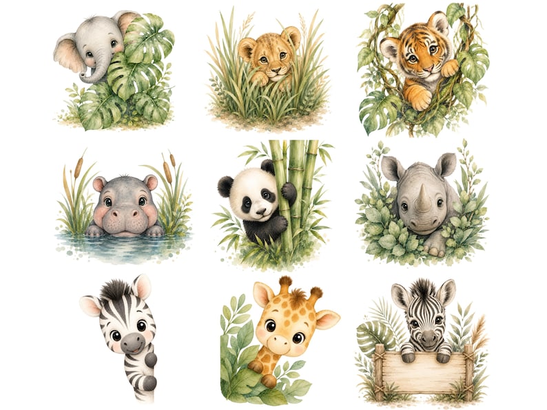 May include: A collection of nine watercolor illustrations featuring baby animals including an elephant, lion cub, tiger, hippo, panda, rhino, zebra, and giraffe, all surrounded by lush green foliage, bamboo, water, and a wooden sign.