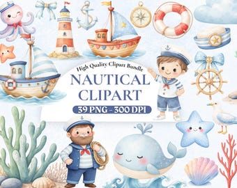 Aquarell Nautik Clipart Bundle, Küsten Grafiken, Kinderzimmer Kunst, Geburtstag Dekor, Ozean Thema, digitaler Download, kommerzielle Nutzung