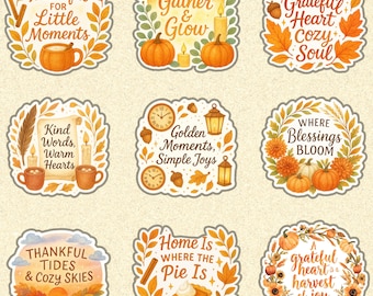 May include: Nine autumnal stickers with watercolour illustrations. Each sticker features pumpkins, leaves, candles, and text such as "Thankful for Little Moments" and "Grateful Heart Cozy Soul". The stickers are in a variety of shapes.