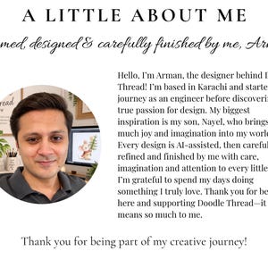 May include: A profile card titled A LITTLE ABOUT ME featuring a circular photograph of a person. The text introduces Arman, the designer behind Doodle Thread, detailing a transition from engineering to design, AI-assisted creation, and gratitude.