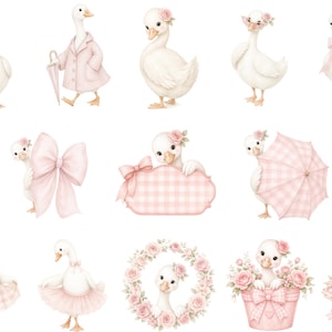 May include: A collection of watercolor illustrations featuring white geese in various poses and accessories, including pink plaid umbrellas, bows, floral wreaths, party hats, and coats, all rendered in soft pastel pink and white color tones.