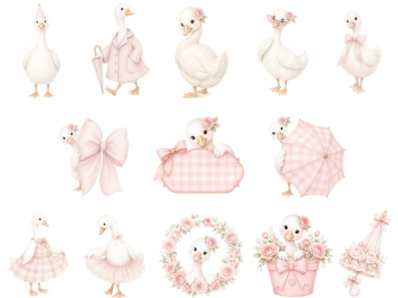 May include: A collection of watercolor illustrations featuring white geese in various poses and accessories, including pink plaid umbrellas, bows, floral wreaths, party hats, and coats, all rendered in soft pastel pink and white color tones.