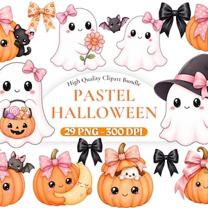 May include: A digital clipart collection featuring cute ghosts, orange pumpkins with pink polka dot bows, black cats, bats, and black bows. The central text reads High Quality Clipart Bundle PASTEL HALLOWEEN 29 PNG - 300 DPI in a soft orange and black font.