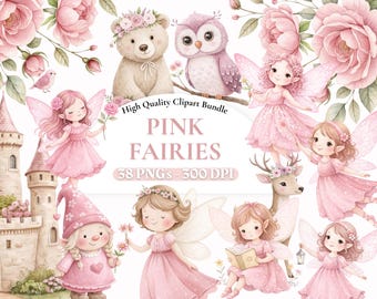 38 Aquarell süße rosa Fee PNG Bündel, wunderliche magische Mädchen 1. Geburtstag Grafiken, verzauberte Mädchenparty PNG Grafiken, digitaler Download