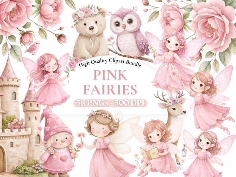 38 Watercolor Cute Pink Fairy PNG Bundle, Whimsical Magical Girl 1st ...