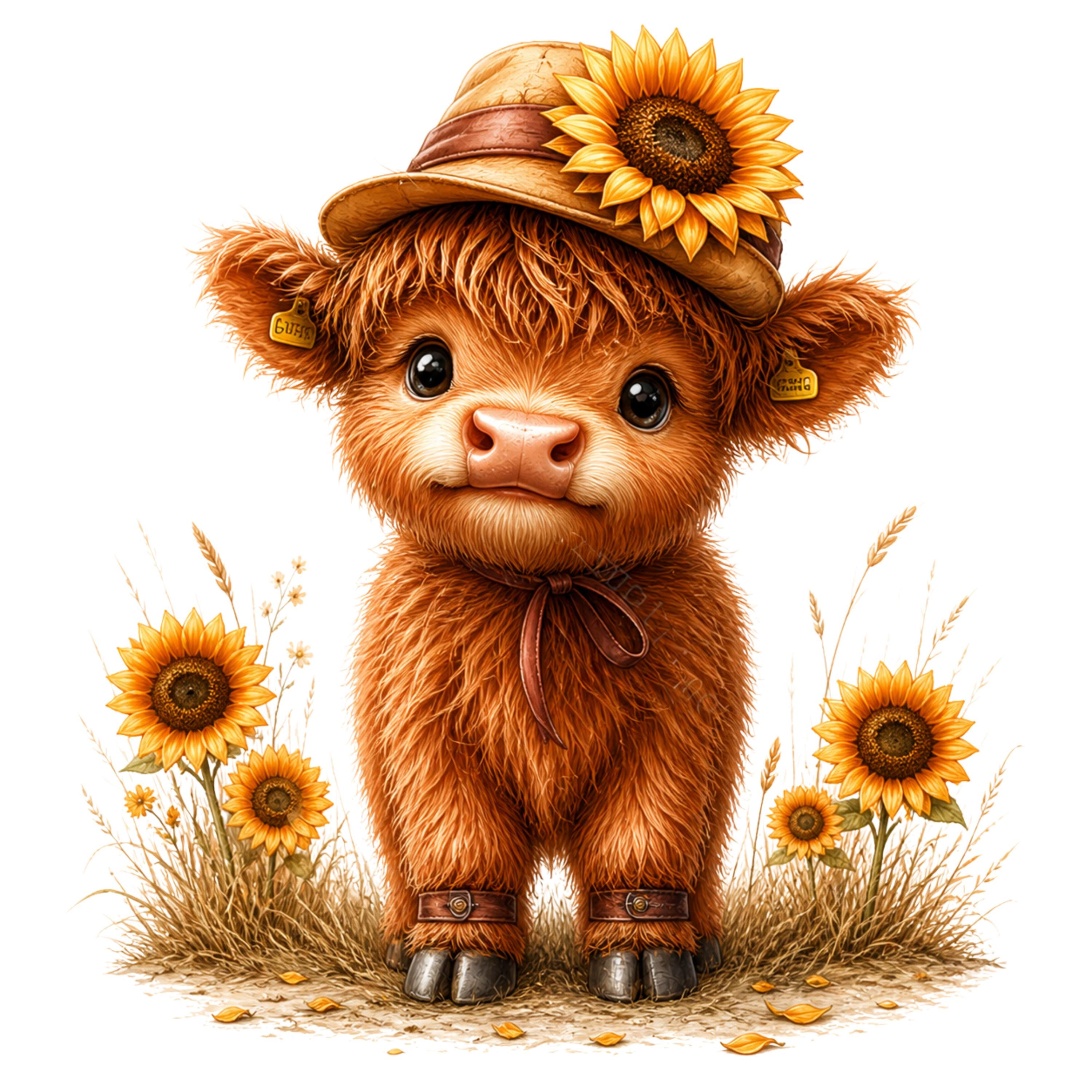 14 Highland Cow Sunflower Clipart PNG, Cute Baby Cow Floral ...