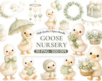 Sage Green Goose Clipart Set, Silly Goose Watercolor Illustration, Green Baby Shower Goose, Nursery Decor, Birthday Party Invitation