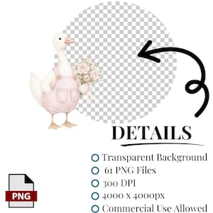 May include: A digital illustration of a white duck wearing pink overalls and holding a bouquet of pink roses. The image includes text stating DETAILS, Transparent Background, 61 PNG Files, 300 DPI, 4000 x 4000px, and Commercial Use Allowed.