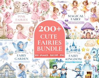 200+ Aquarell Feen Clipart Mega Bundle, Aquarell Märchen PNG Set, Fee zum ersten Geburtstag Einladung Grafiken, digitaler Download