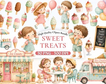 Aquarell Eiswagen Clipart Bundle, Pastell Sommer PNG, Kinder Party Grafiken, süßes Dessert LKW Illustration Set, kommerzielle Nutzung