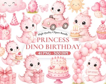 Aquarell Girly Dino-Geburtstag-Clipart-Bundle, rosa Dinosaurier Prinzessin PNG-Set, süße Mädchen-Dino-Party-Grafiken, Kinderzimmer-Kunst, Geburtstagsdeko