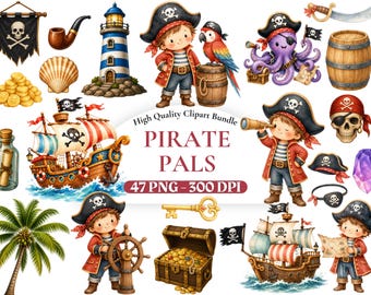 Bundle de clipart amis pirates, enfants pirates mignons PNG, graphiques de bateau d'aventure nautique, animaux de l'océan, invitations d'anniversaire, usage commercial.