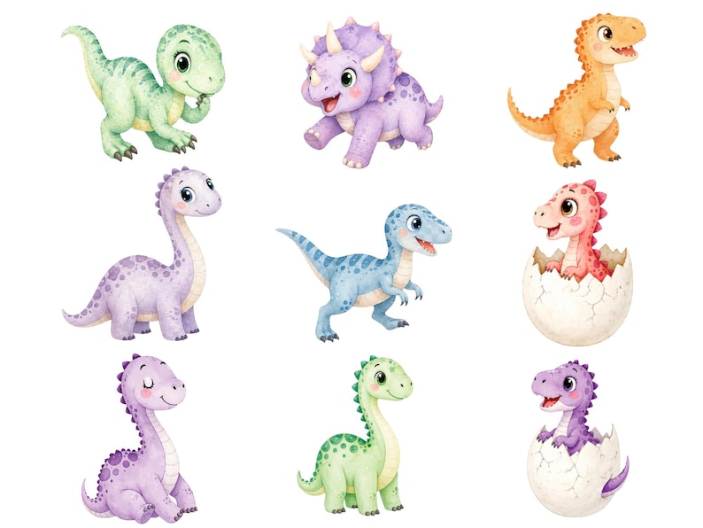 May include: Watercolor illustrations of nine adorable dinosaurs in various colors. The dinosaurs include a green dinosaur, a purple triceratops, an orange dinosaur, a purple brontosaurus, a blue T-Rex, and a pink dinosaur hatching from an egg.