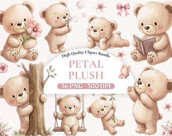 Aquarell rosa Teddy Bär Clipart, niedlichen Baby Dusche Bär PNG, rosa Kinderzimmer Dekor Illustration, druckbare Kinder Kunst, Pastell Spielzeug Grafik