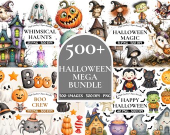 ハロウィンメガバンドル、ハロウィンクリップアートバンドル、トリックオアトリートグラフィック、ゴースト・フランケンシュタイン・吸血鬼・コウモリ、シームレスパターン、デジタルアート