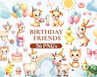 Aquarell Geburtstag Tier Clipart Bundle, süße Party Tiere PNG, Kinder Geburtstag Grafiken, druckbare Tier Illustrationen, sofortiger Download