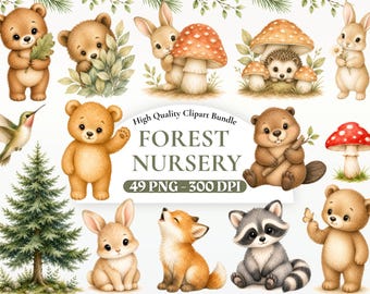 Ensemble d'images clipart aquarelle d'animaux de la forêt (PNG), ours, renard, cerf, lapin, ours, renard, cerf, lapin. Téléchargement numérique, usage commercial autorisé.