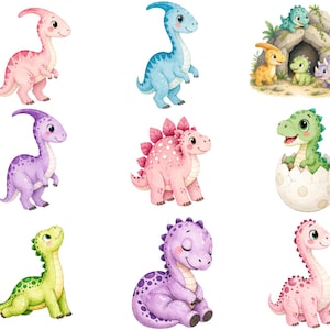 May include: Watercolor illustrations of nine adorable dinosaurs in various poses and colors. The dinosaurs include pink, blue, purple, green, and yellow variations. Some are standing, sitting, or emerging from an egg, all with friendly expressions.