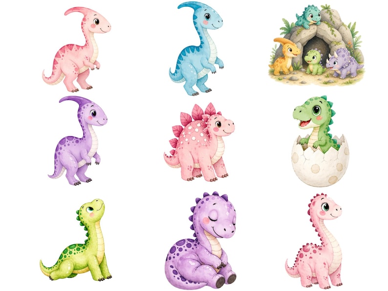 May include: Watercolor illustrations of nine adorable dinosaurs in various poses and colors. The dinosaurs include pink, blue, purple, green, and yellow variations. Some are standing, sitting, or emerging from an egg, all with friendly expressions.