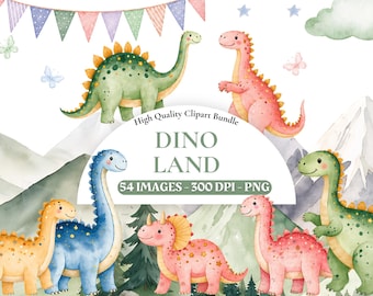 Dino Land Clipart Bundle, niedlicher Dinosaurier PNG, Baby Dino-Geburtstagsfeier PNG, Kindergeburtstag, Kinderzimmer Dekor, digitaler Download, kommerzielle Nutzung