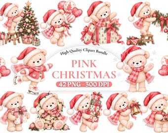 Aquarel roze teddybeer kerstclipart, schattige kerstbeer PNG voor kerstkaarten, kerstdecoratie voor kinderen, commercieel gebruik.