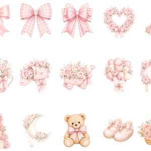 May include: A collection of watercolor-style illustrations in shades of soft pink, featuring bows, a floral heart, a party hat, a watering can, a mailbox, a wagon, balloons, a sign, gift boxes, a crescent moon, a teddy bear, shoes, and a basket.