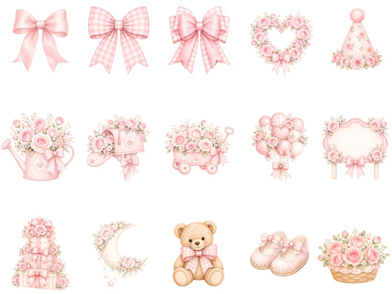 May include: A collection of watercolor-style illustrations in shades of soft pink, featuring bows, a floral heart, a party hat, a watering can, a mailbox, a wagon, balloons, a sign, gift boxes, a crescent moon, a teddy bear, shoes, and a basket.