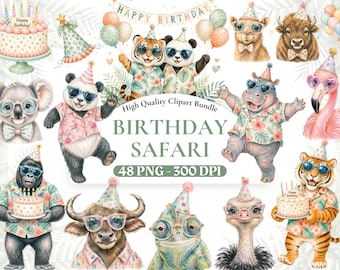 Watercolor Birthday Safari Clipart Bundle, Kids Safari Clipart, Lion Elephant Giraffe Zebra PNG, Birthday Decor Graphics, Commercial Use.
