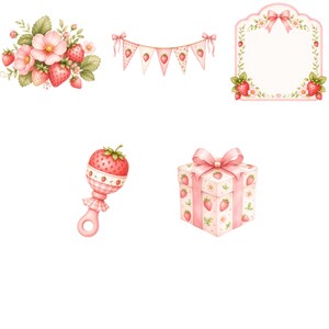 Pu&ograve; includere: Una collezione di illustrazioni a tema fragola che include un bouquet floreale, una ghirlanda triangolare, una cornice decorativa con fiocco, un sonaglio per neonati con parte superiore a fragola e un pacco regalo quadrato con nastro rosa.