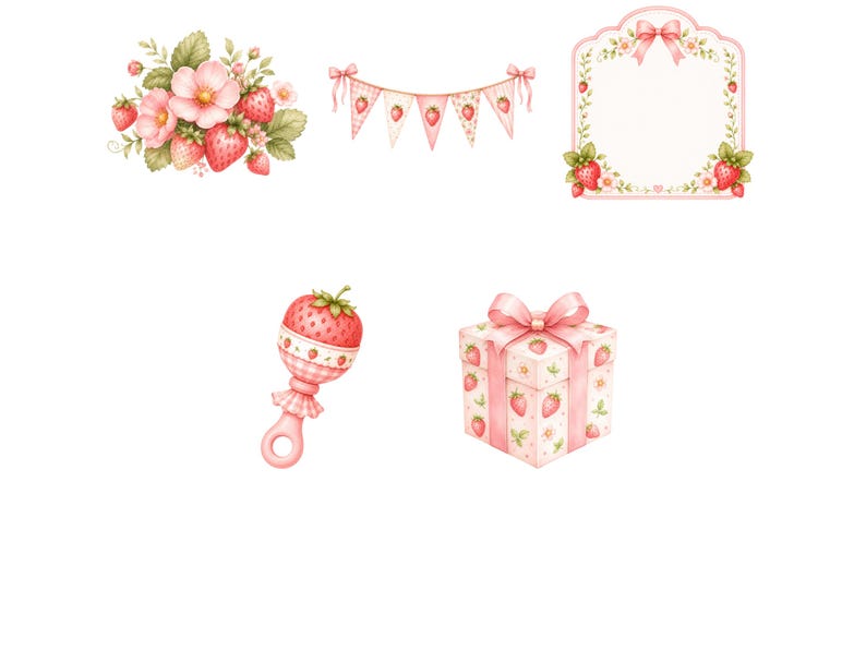 Pu&ograve; includere: Una collezione di illustrazioni a tema fragola che include un bouquet floreale, una ghirlanda triangolare, una cornice decorativa con fiocco, un sonaglio per neonati con parte superiore a fragola e un pacco regalo quadrato con nastro rosa.