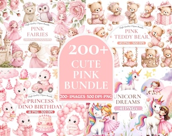 Rosa Kinderzimmer Clipart Mega Bundle, Baby-Mädchen Clipart-Set, Boho Kindergarten PNG Bundle, süße Baby Grafiken, digitaler Download, kommerzielle Nutzung