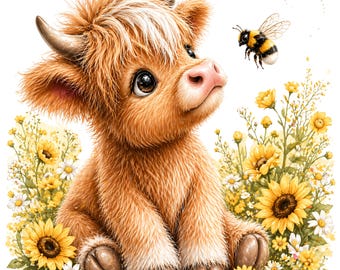 25 Floral Highland Cow PNG, Cute Boho Cow Clipart, Watercolor Farm Animal, Rustic Cottagecore Design, Instant Download, Commercial Use