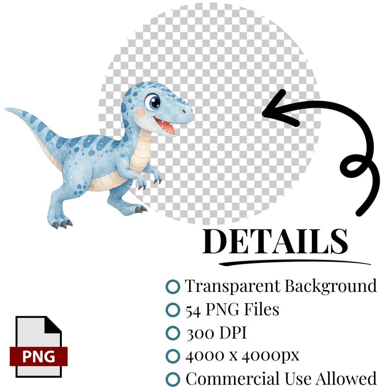 May include: A watercolor illustration of a light blue dinosaur with a friendly expression. The image includes the word "DETAILS" and bullet points listing features such as a transparent background and 54 PNG files.