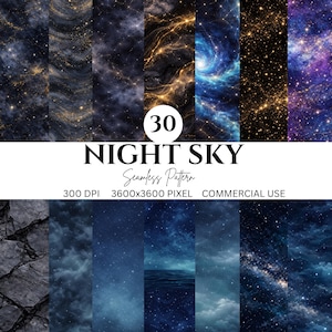 Puede incluir: Una colección de 30 patrones digitales sin costuras con temas de cielo nocturno con estrellas, galaxias y nebulosas en tonos azul, negro, morado y dorado. El texto dice 30 NIGHT SKY Seamless Pattern 300 DPI 3600x3600 PIXEL COMMERCIAL USE.