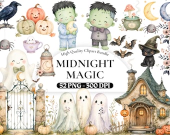 真夜中の魔法 ハロウィン水彩クリップアート、不気味な魔女PNG、月と星、コウモリ、カボチャ、幽霊 -フランケンシュタイングラフィック、デジタルダウンロード