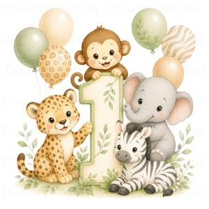 Può includere: Un'illustrazione ad acquerello con una scimmia marrone, un leopardo maculato, un elefante grigio e una zebra che circondano un grande numero uno. La scena include palloncini verdi e beige, fogliame e colori pastello su sfondo bianco.