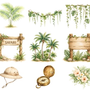 May include: A collection of watercolor illustrations featuring a palm plant, hanging vines, a wooden sign with the text SAFARI, a cluster of palm trees, a blank wooden sign, a beige pith helmet, a brass compass, and a bouquet of tropical flowers.