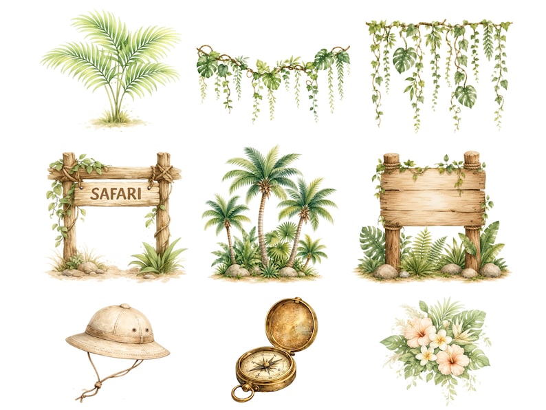 May include: A collection of watercolor illustrations featuring a palm plant, hanging vines, a wooden sign with the text SAFARI, a cluster of palm trees, a blank wooden sign, a beige pith helmet, a brass compass, and a bouquet of tropical flowers.