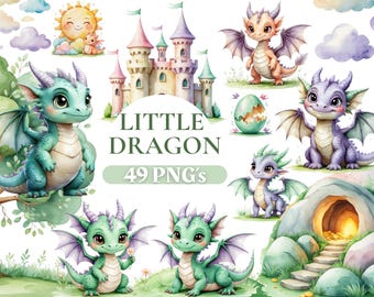 Kleiner Drache, Clipart-Bundle, Fantasy Drache Illustration, 49 Aquarell Drache PNG, kleine Drache Grafiken für Kinder, Sofort Download