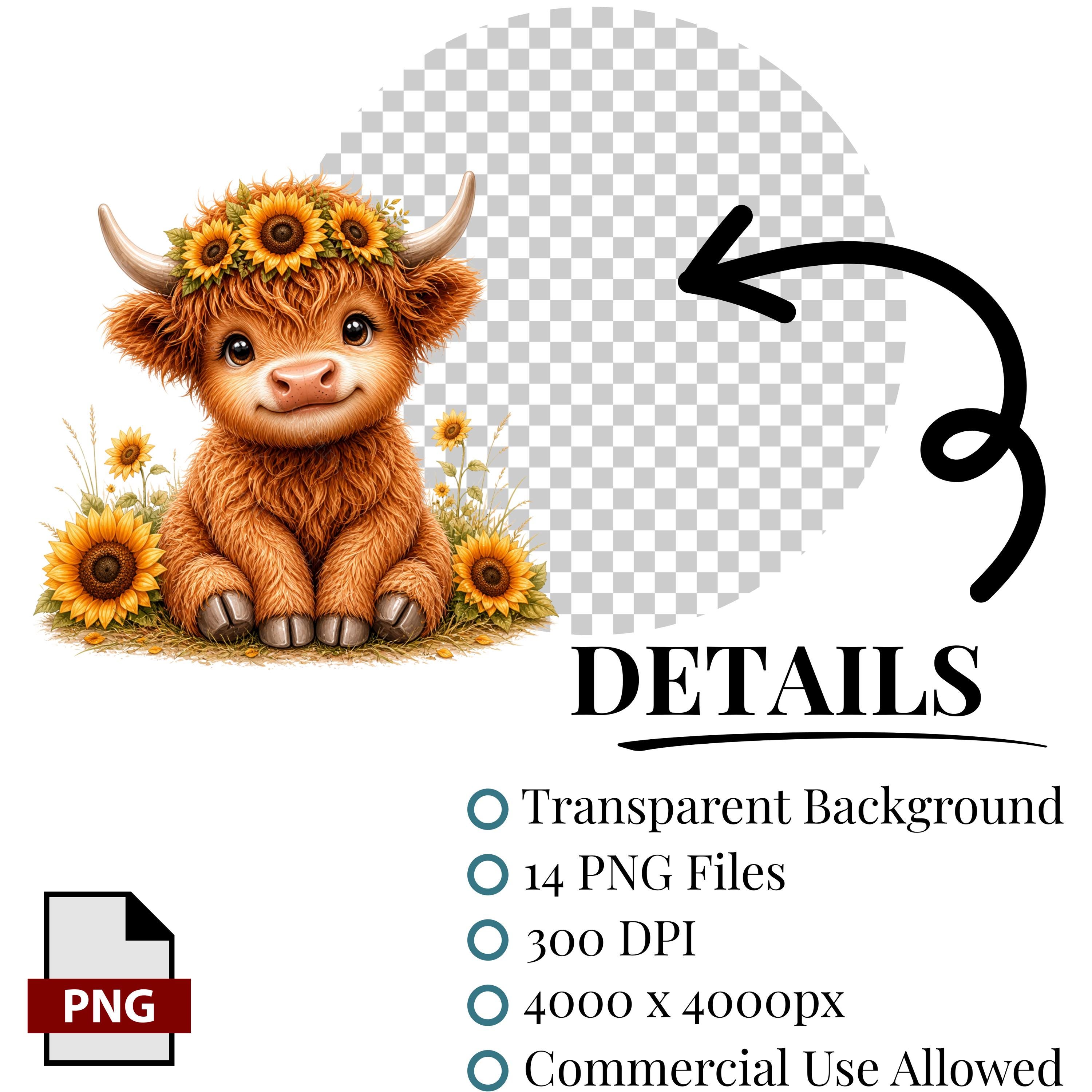 14 Highland Cow Sunflower Clipart PNG, Cute Baby Cow Floral ...