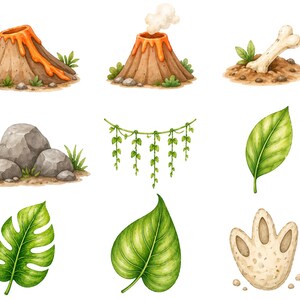 May include: Watercolor illustrations of prehistoric elements, including volcanoes with flowing lava and smoke, a bone in the ground, rocks, hanging vines, and various green leaves. A dinosaur footprint is also included.