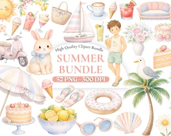 Aquarell Sommer Clipart, Sommer Bundle, Urlaub Essentials Kit, Strand Zubehör Set, Reise Geschenkbox, digitaler Download