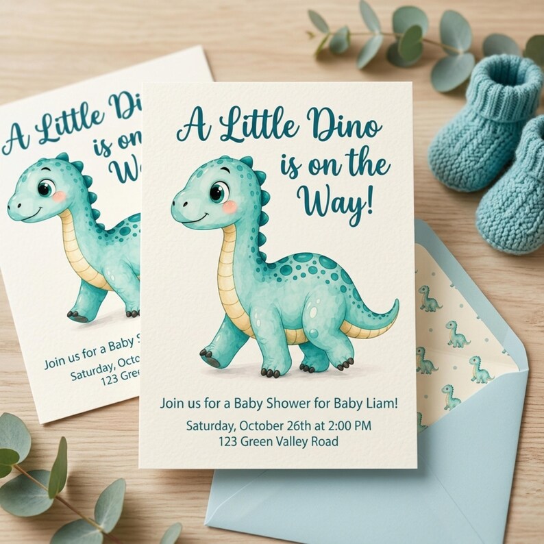 May include: Baby shower invitations featuring a teal dinosaur illustration with the text "A Little Dino is on the Way!". The invitations are on a cream background with a light blue envelope and matching baby booties.