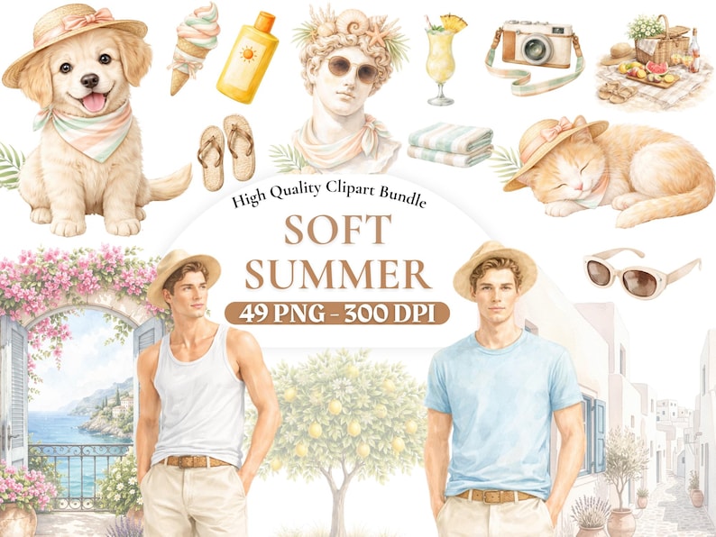 Watercolor Summer Clipart Bundle, Beach Clip Art, Sun Palm Tree PNG ...