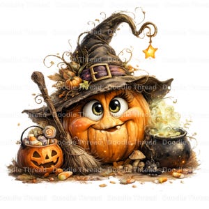May include: A cartoon pumpkin character wearing a tall, weathered brown witch hat with a buckle and a dangling yellow star. The pumpkin has large eyes, a small tooth, and is surrounded by a jack-o'-lantern bucket, a broom, and a black cauldron.