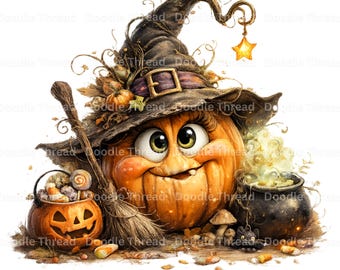 10 images clipart fantaisistes de citrouilles d'Halloween, citrouille Jack O'Lantern PNG, citrouille effrayante à télécharger numérique, graphisme d'automne et d'Halloween, personnages d'automne.
