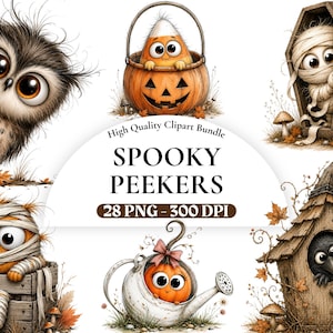 Gruselige Späher-Cliparts, Halloween-PNG-Bundle, Niedliche Monster-Späher-Bilder, Lustige Geister-Sublimationsdesigns für Aufkleber, Digitaler Download.