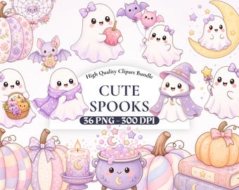 以下が含まれることがあります： パステルカラーの幽霊、カボチャ、コウモリ、大釜を描いたデジタルイラストセット。テキストには「High Quality Clipart Bundle CUTE SPOOKS 36 PNG - 300 DPI」と書かれています。リボンや帽子、星を身につけた様々なキャラクターが含まれています。