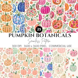 May include: A digital seamless pattern featuring 25 pumpkin botanicals with various floral designs, polka dots, and leopard prints in vibrant colors. The text reads 25 PUMPKIN BOTANICALS Seamless Pattern 300 DPI 3600 x 3600 PIXEL COMMERCIAL USE.