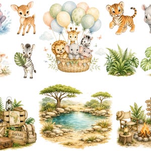 May include: A collection of watercolor illustrations featuring baby animals including a hippo, deer, tiger, rhino, lamb, and zebra, alongside a basket with animals in balloons, tropical plants, a safari campsite, and a pond landscape scene.